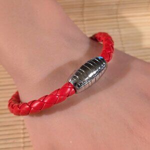 Red Braided Thick Vegan Leather Magnetic Clasp Bangle Bracelet